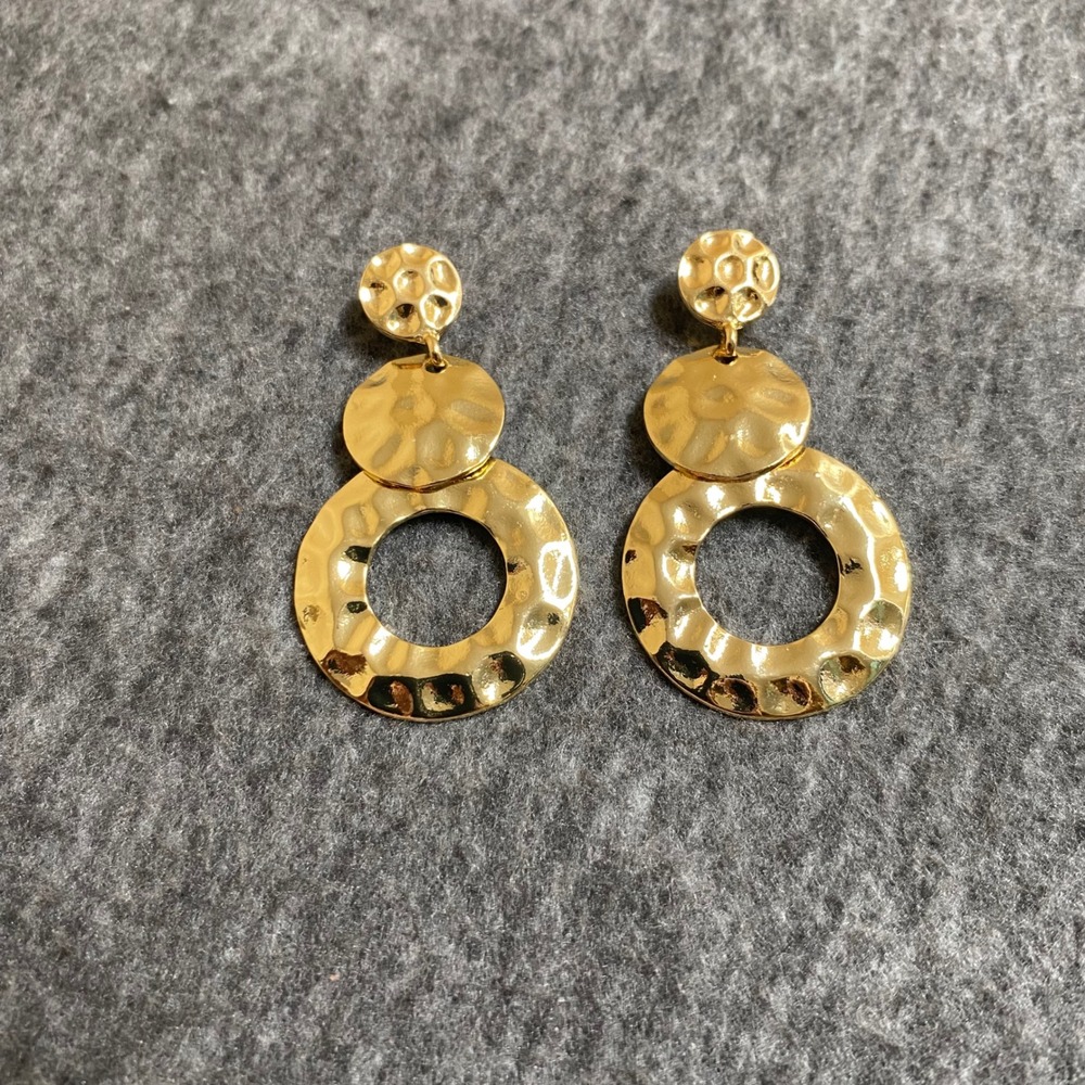 Hammered Gold Tone Tiered Drop Earrings Textured Triple Disc Statement Dangles